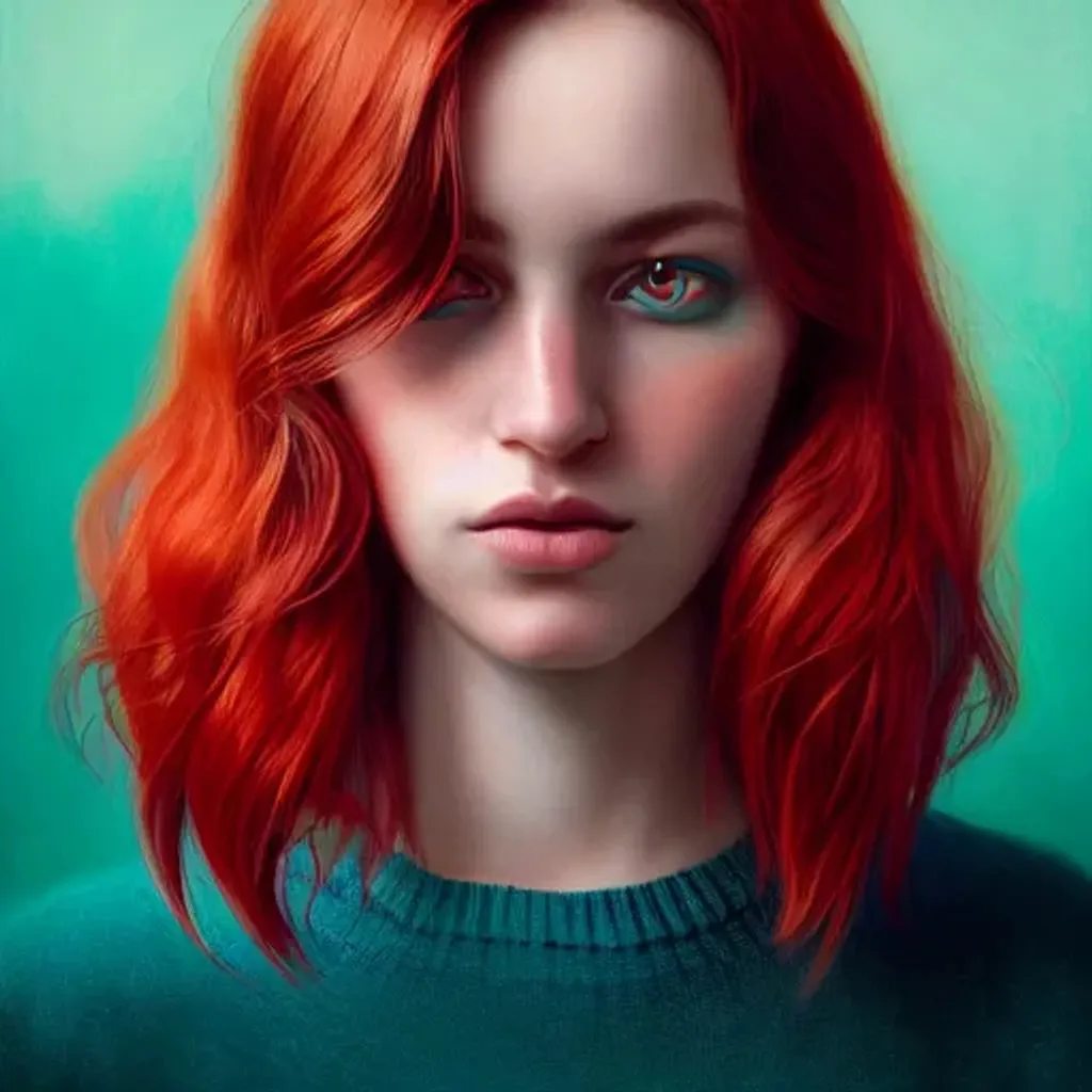 Prompt: portrait, beautiful woman with red colored eyes and teal hair, clothed, facial symmetry, perfect eyes, centered, dark gradient background, perfect composition, hyperrealistic, photorealism, super detailed, 32k, high quality, trending on artstation, sharp focus, studio lighting, intricate details, hyperdetailed photography by greg rutkowski, dino tomic