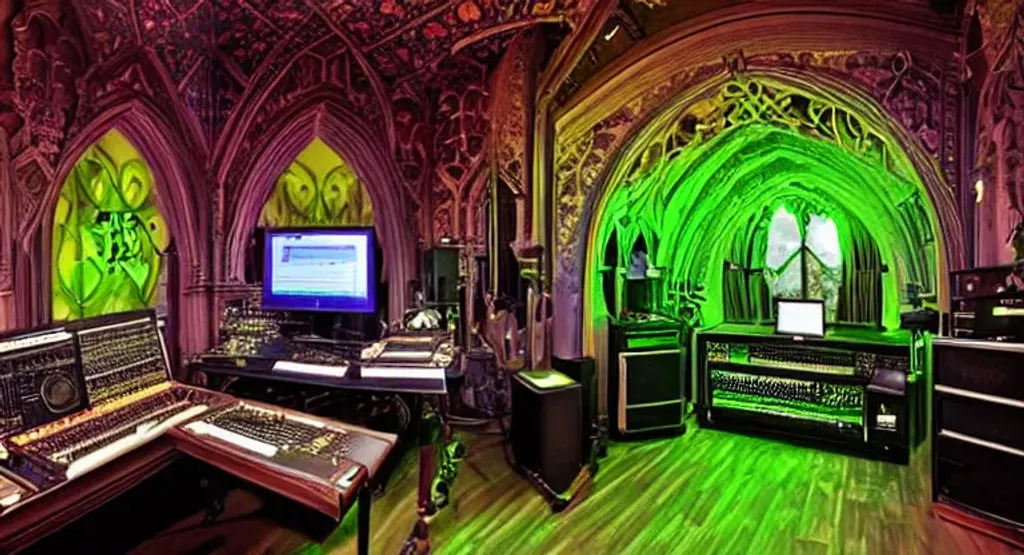 Prompt: small ornate gothic music studio and computer desktop with green neon lighting, studio monitors, mixers, multiple screens and various futuristic hacking devices and laptops set up. gothic floor lamps are on either side of the desk. the room has detailed gothic architecture features. there is a big hefty safe and an ornate gothic bar cart in the room

