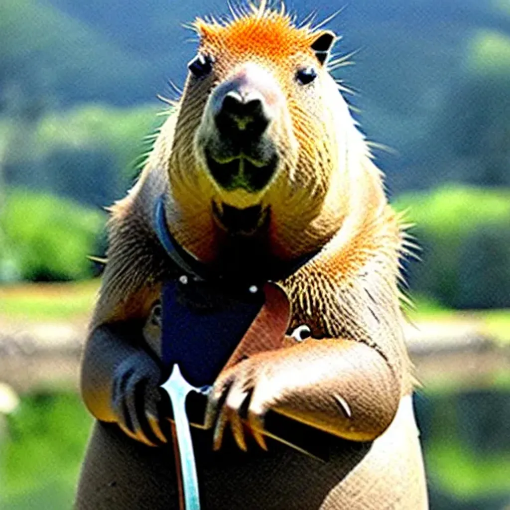 Prompt: 
capybara wearing steel armor holding sword