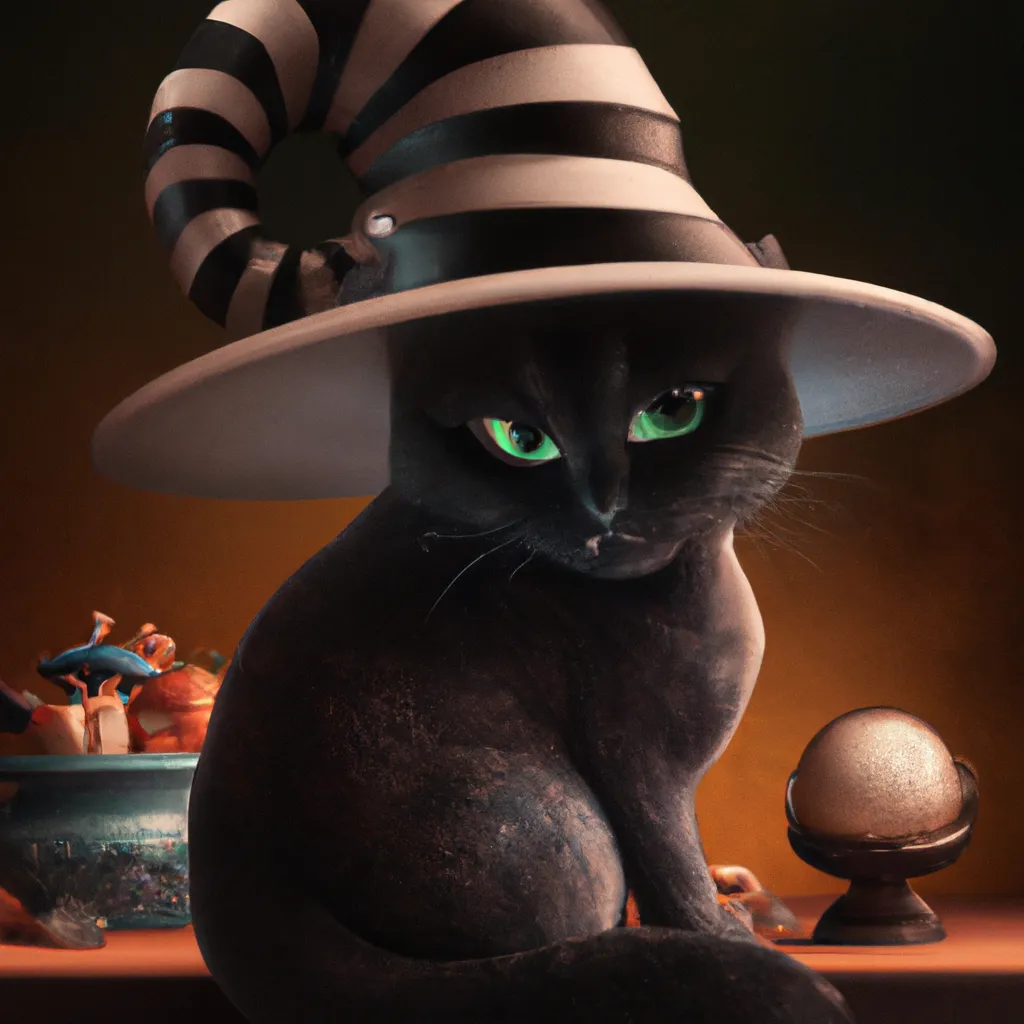 Prompt: Halloween theme. Cute black cat wearing a Halloween witch hat precious moments figurine , digital art, perfect composition, beautiful detailed intricate insanely detailed octane render trending on artstation, 8 k artistic photography, photorealistic concept art, soft natural volumetric cinematic perfect light, chiaroscuro, award winning photograph, masterpiece, oil on canvas, raphael, caravaggio, beeple, beksinski, giger! Vanasthali 