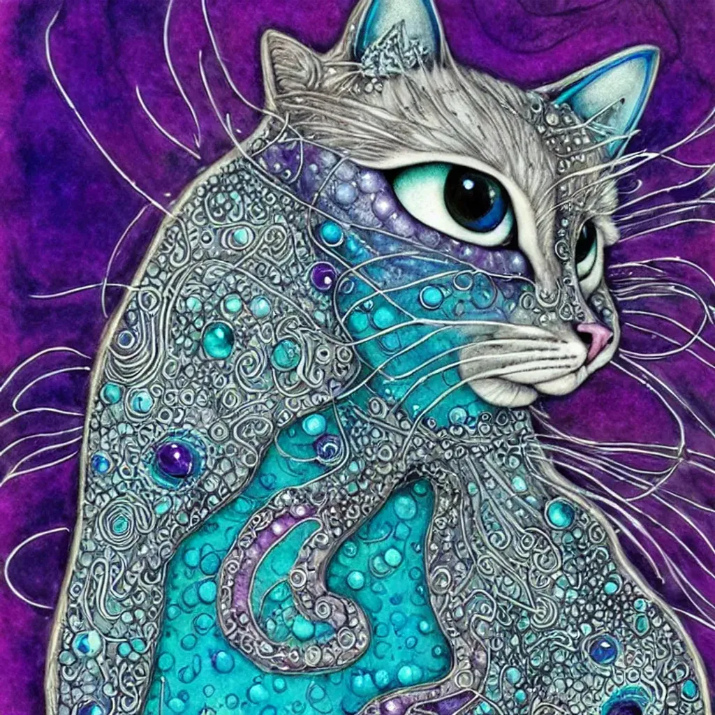 Prompt: Sitting Zentangle bejewelled water cat, indigo, aubergine, cream photorealistic eyes, very fine long wispy fur, translucent colours, fursona, water droplet reflections, in the style of  and Patricia Polakko, photo realistic, background gradient turquoise intricate, hypermaximalist elegant aesthetic, ornate, hyper realistic, cinematic, furpunk, animecore, concept art, smooth, sharp focus, Unreal Engine 5, 128K UHD pi, fractal, fBm