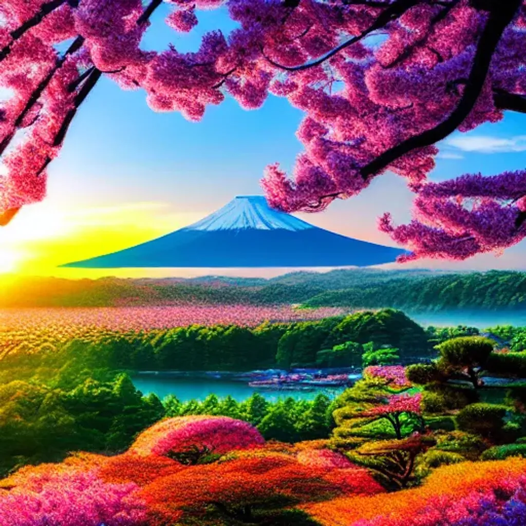 Prompt: beautiful spring landscape of japan with a majestic sunrise, art, high detail, high definition, photorealistic, hdr,