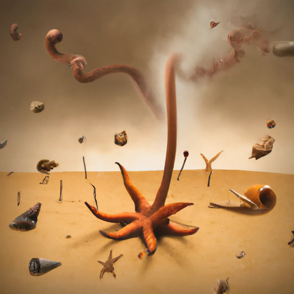 Prompt: explosion made of sea creatures in a vast desert, surrealist artwork