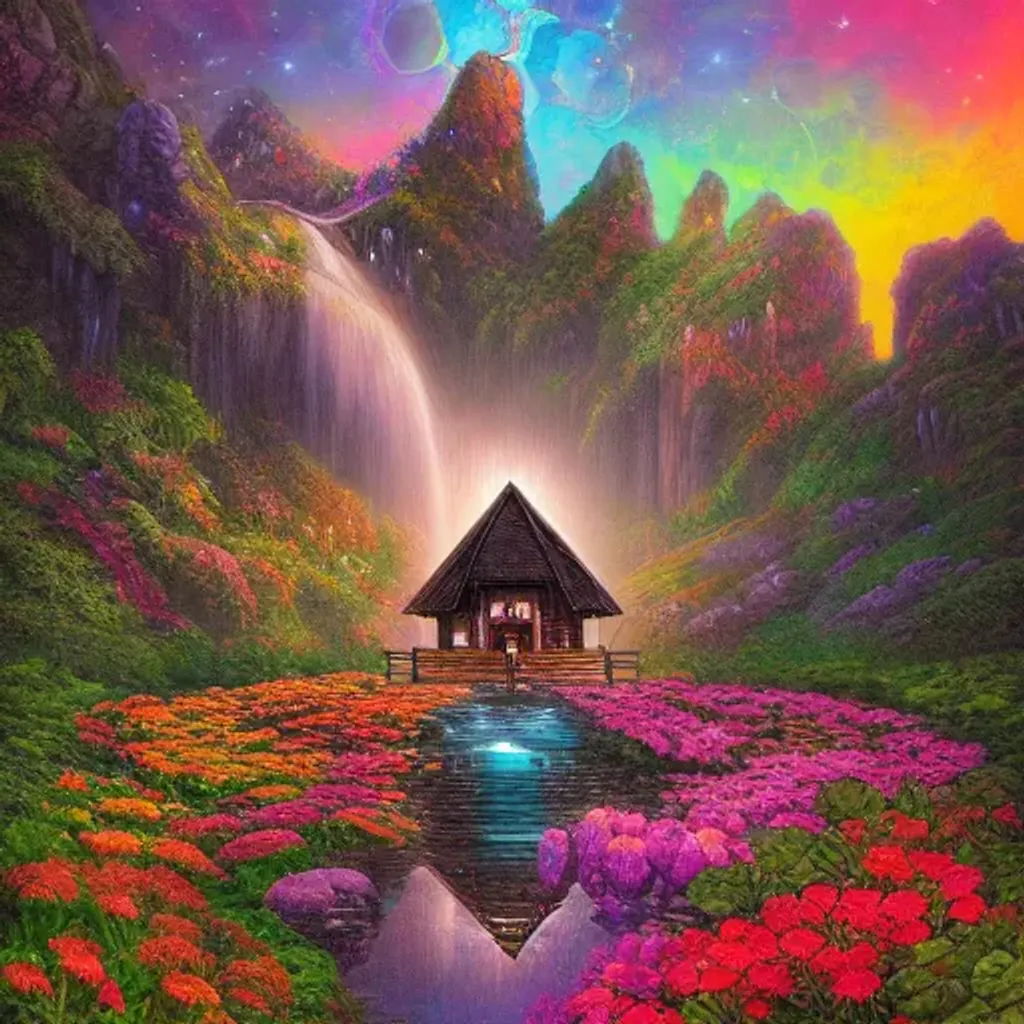 Prompt: A waterfall with colorful flowers, and a sinister hut on middle, centered, symmetry, painted, intricate, volumetric lighting, beautiful, rich deep colors masterpiece, sharp focus, ultra detailed, in the style of dan mumford and marc simonetti, astrophotography