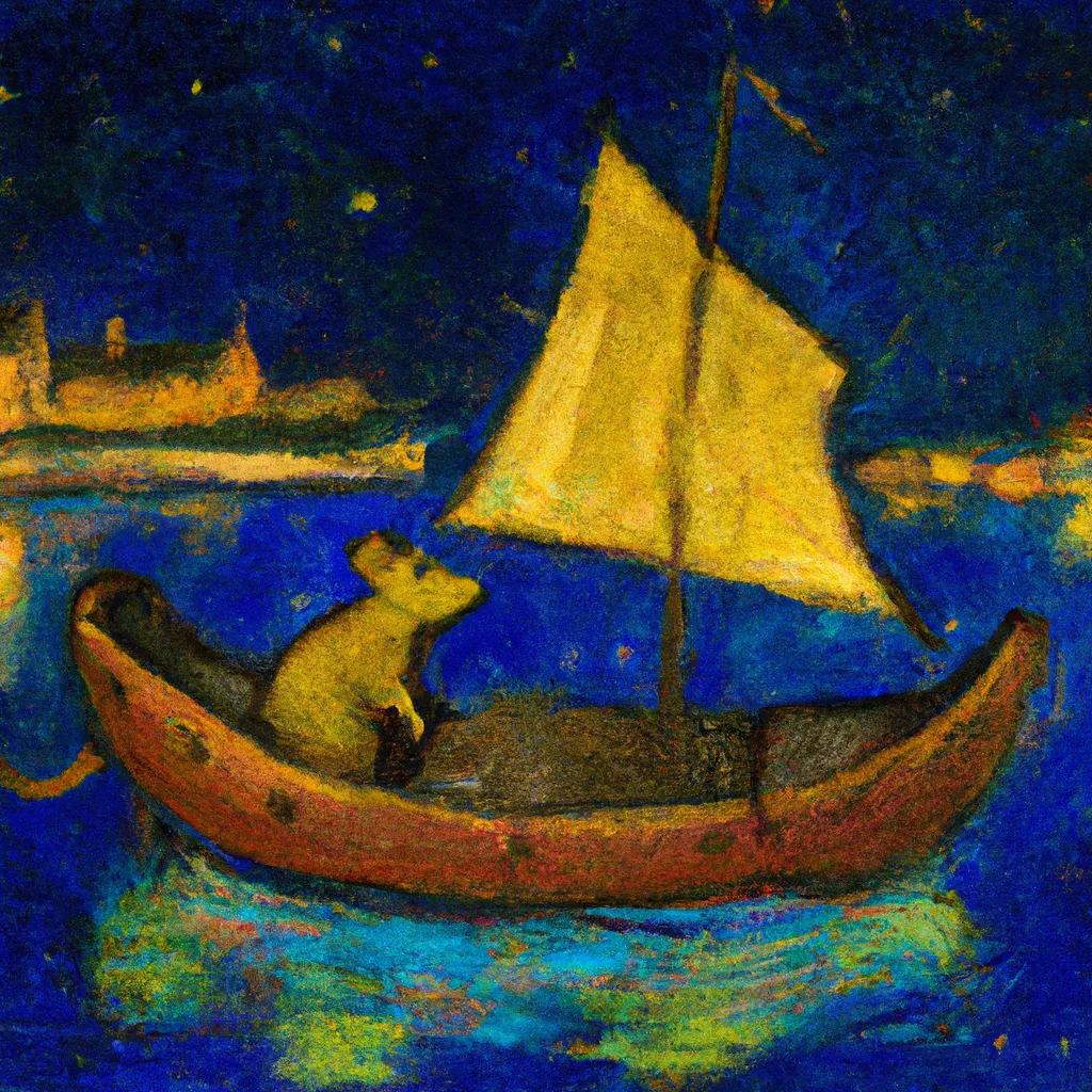 Prompt: 1800s painting of a mouse flying in a boat at night over paris, in style of van gogh