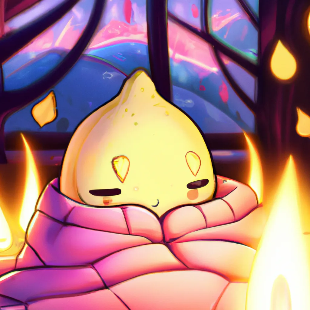 Prompt: Key Disney Visual of an enthusiastic  cute anime lemon critter,  sleeping under a blanket by a cozy fire, background is a forest, green and dark blue and pink colour palette; Digital art, trending on artstation, Photorealistic Illustration, anime key visual, cinematic, Ultra Detailed , trending on pixiv, kawaii eyes , lofi