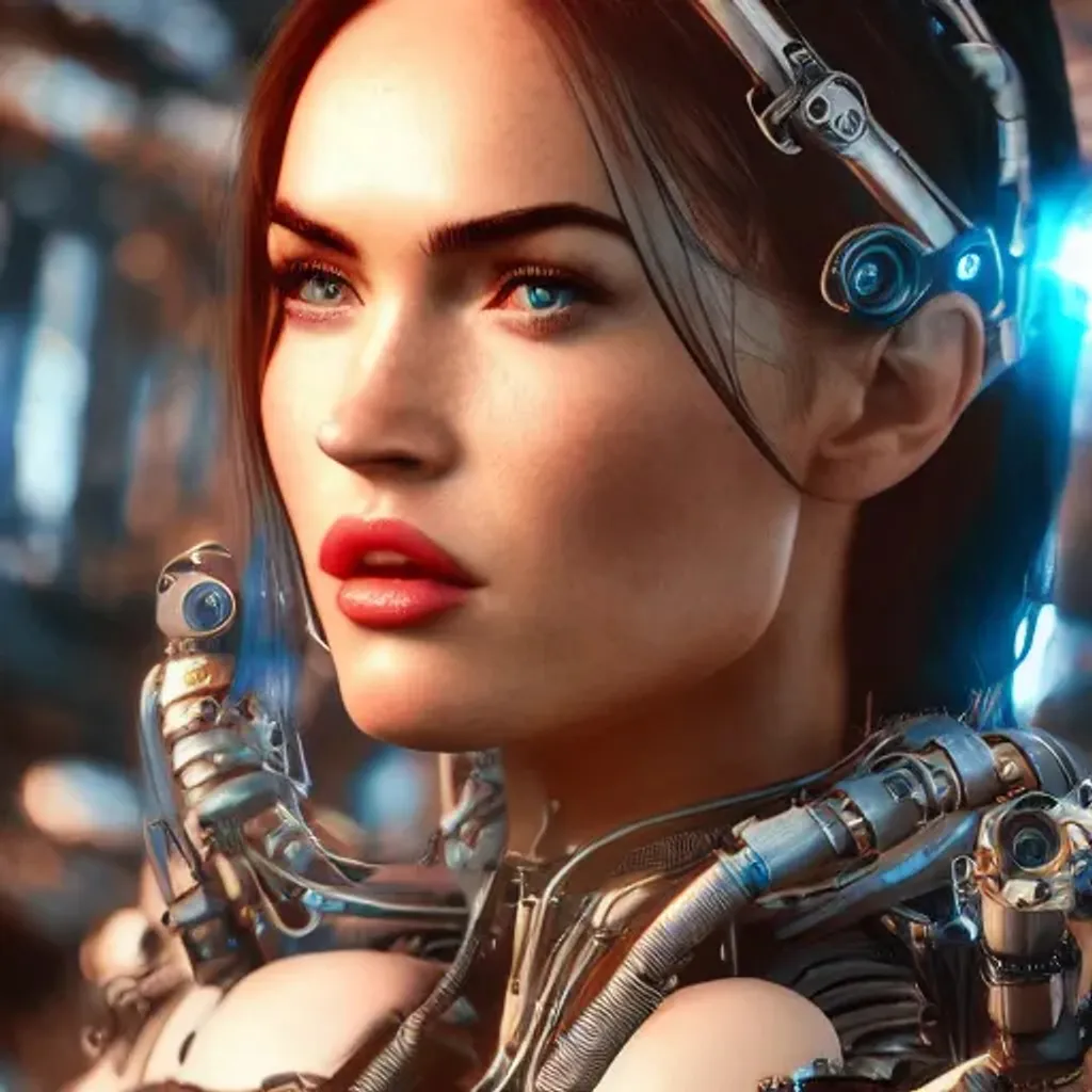 Prompt: Megan Fox as a female android, intricately detailed mechanical parts, complicated circuits and wires, beautiful gazing symmetric blues eyes, unreal engine, path tracing, 8k, artstation