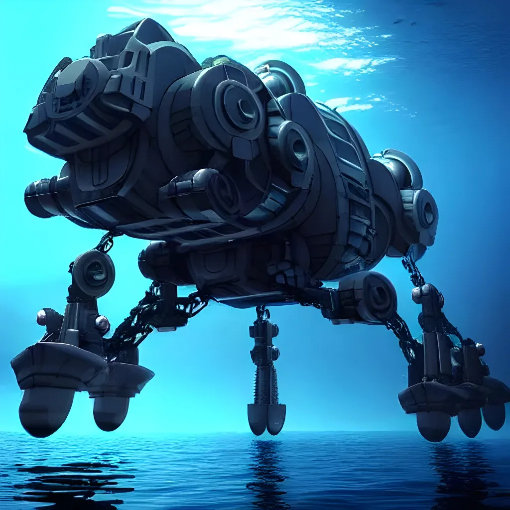 Prompt: deep sea ocean mech building an underwater station, sea floor, sci-fi, realistic, abyss, dark metal, iron, heavy armored mech, deep underwater, walking on sea floor
