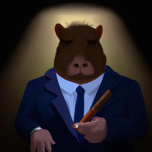 Prompt: mob boss capybara wearing a suit, smoking a cigar, dim lighting, gangster