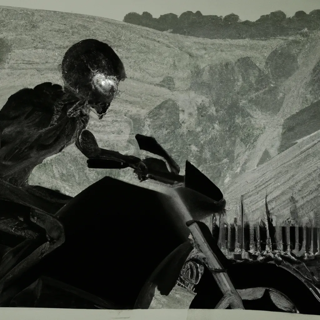 Prompt: black and white illustration, technical drawing made of paper texture of man riding motorcycle in english countryside by h r giger created at contemporary in 4k ultra high resolution, with feeling of dark gloomy fear fright disgust
