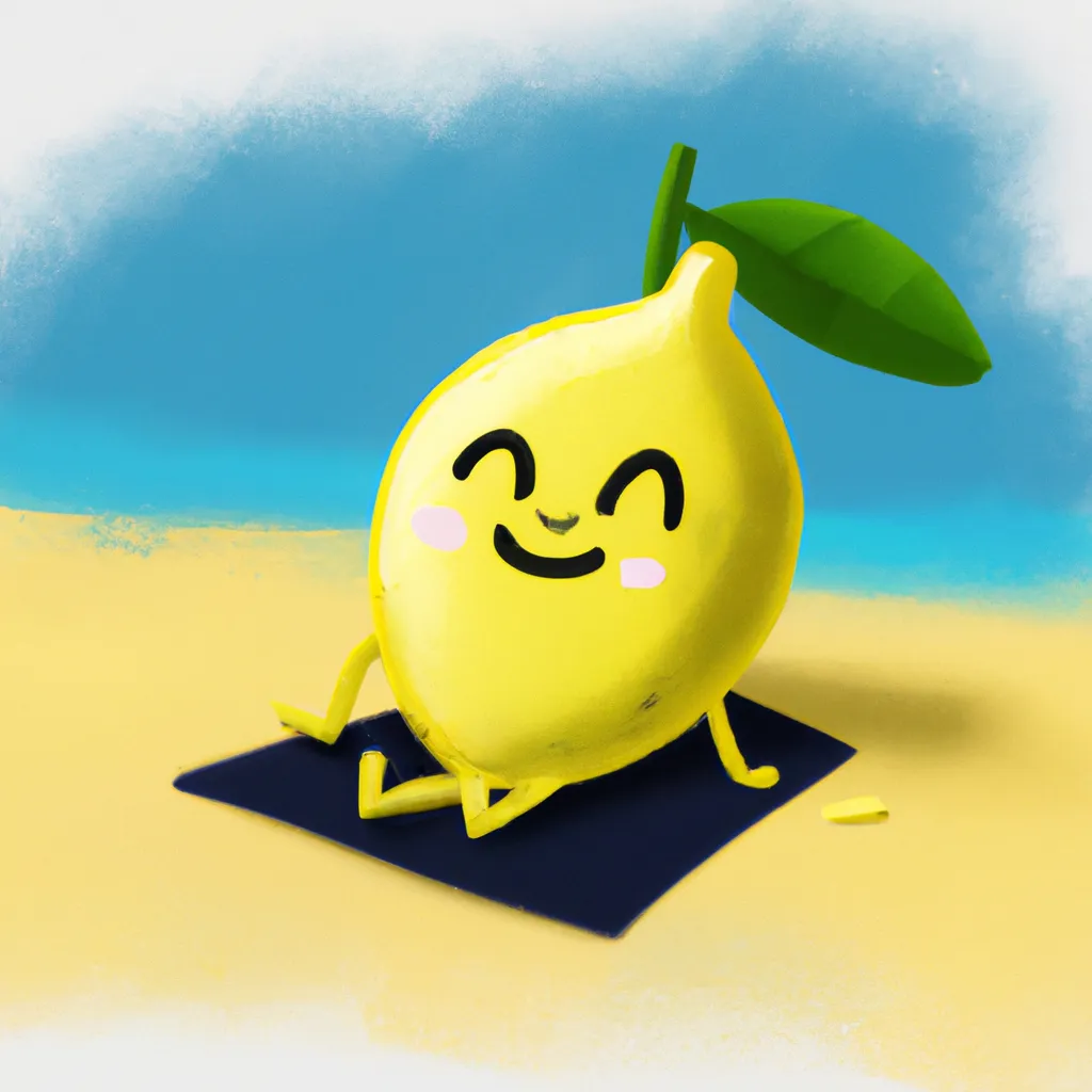 Prompt: Digital Painting of a Tiny Lemon Character relaxing on the beach, having fun, smiling, cute, eye catching