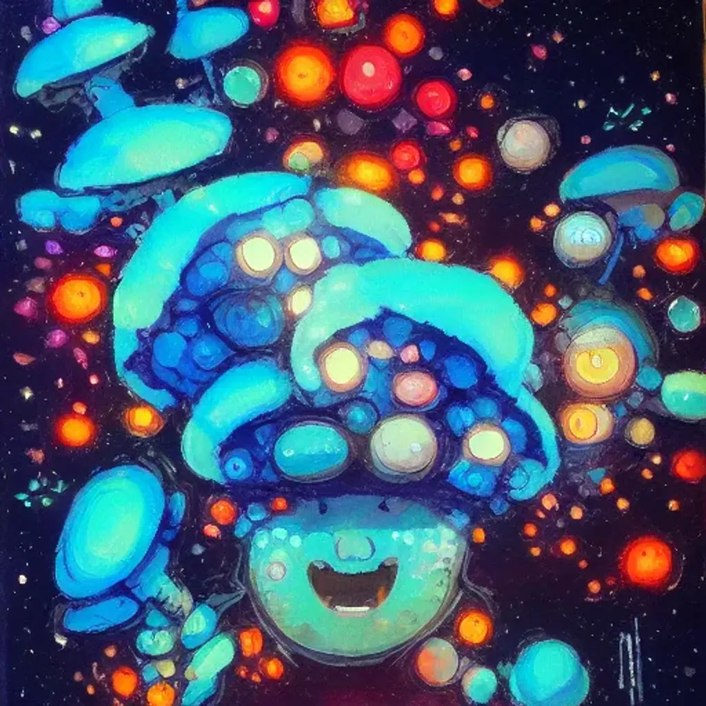 Prompt: oil painting of a cute tiny fungi staring at the stars, hypnotic psychedelic art, by Yoji shinkawa
