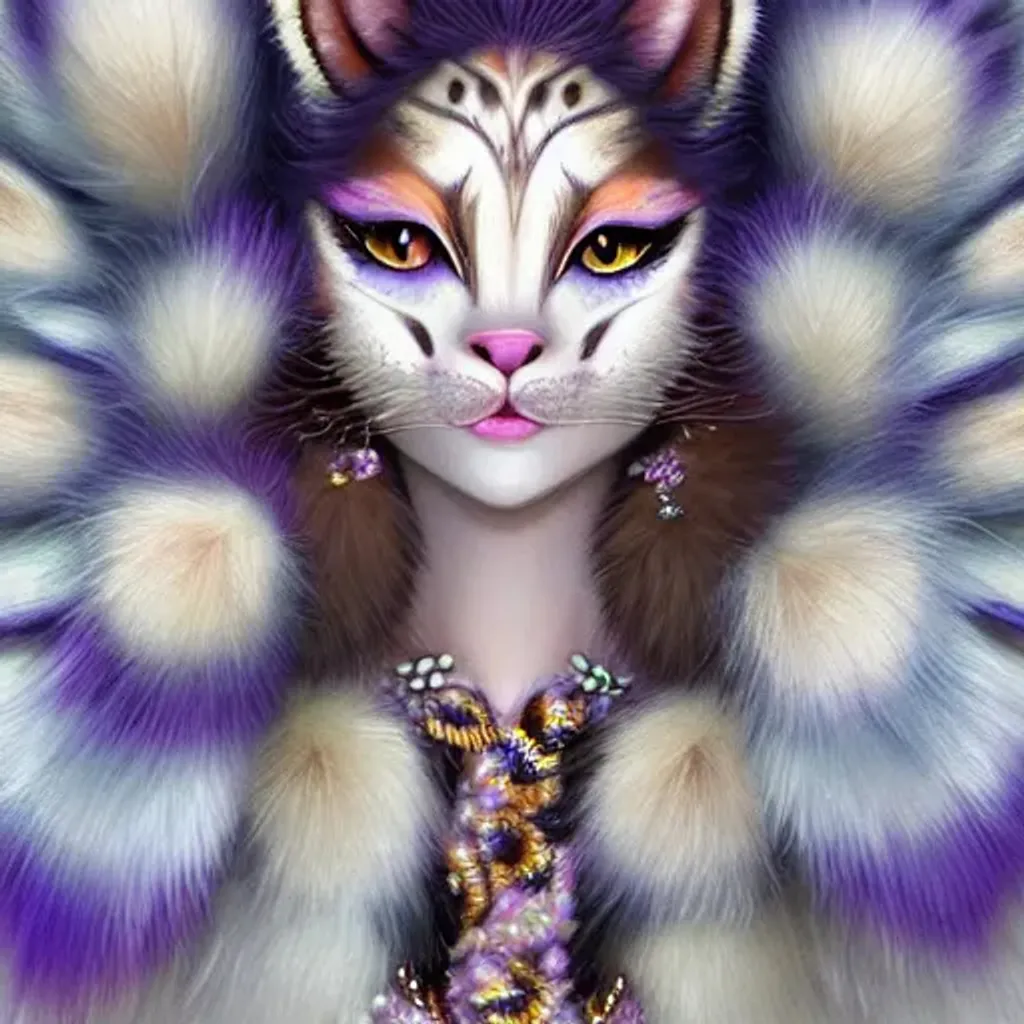 Prompt: a bejewelled felinoid fursona with soft downy facial fur, blue, lavender, mauve, cream, brown eyes, white and cream striped fine, whispy body fur, calico-Influence, white luminescent biomorphic glistening wings, in the style of Mandy Jurgens, Amanda Sage, in flower garden in the style of Fragonard, darkness, glowing magical flowers, moonlight, low volumetric glowing fog, background theme glowing stars, epic, painted, fantasy, beautiful rich deep colors, dynamic lighting volumetric lighting , occlusion, 128K UHD Unreal Engine 5
