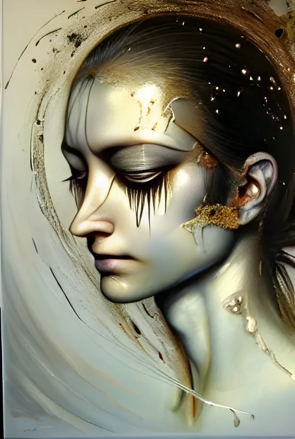 Prompt: beautiful woman weeping tears, fair clean perfect complexion, tar and feathers upon her head, in a corner dark and shadowy, shades of doubt and hurt | award winning oil painting by yoshitaka amano, magali villenueve, serge birault, cesar vergara, artgerm, wlop | symmetrical facial features, accurate anatomy, sharp focus, smooth, tears, 8k, anger and sadness, expressionist