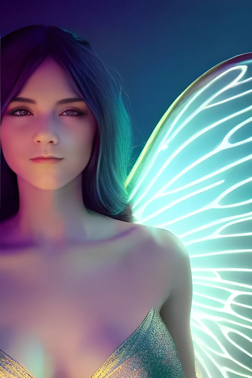 Prompt: beautiful mysteric young human woman with wide opened translucent glowing magic fairy wings behance contest winner, ultra-detailed, high end finish, realistic face, octane render, cinematic lighting, high contrast, 8k, photo realistic, character design, uhd, 4k