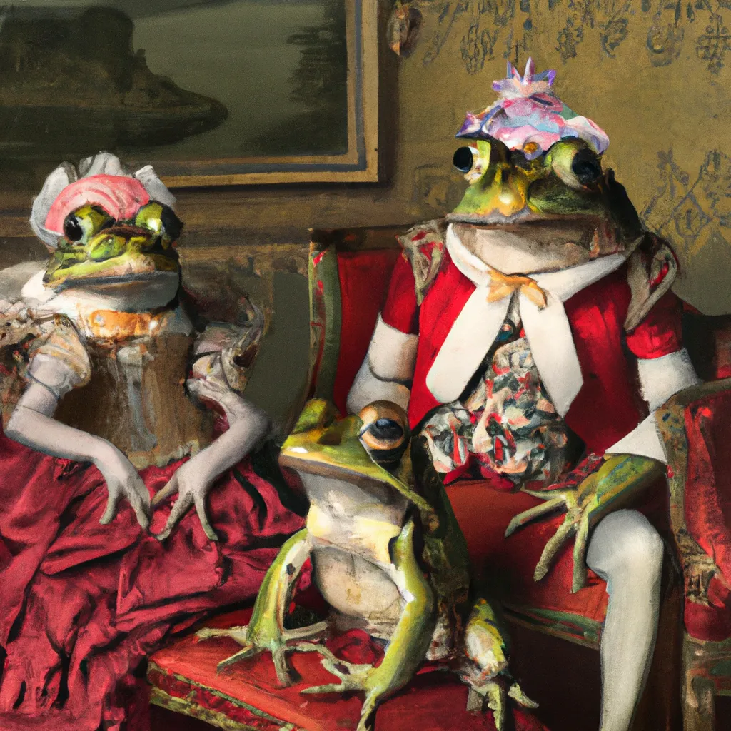 Prompt: 1800s portrait of a family of frogs dressed in fancy clothes in a royal room