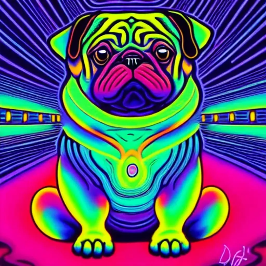 Prompt: Hypnotic illustration of a meditating pug, hypnotic psychedelic art by Dan Mumford, pop surrealism, dark glow neon paint, mystical, Behance
