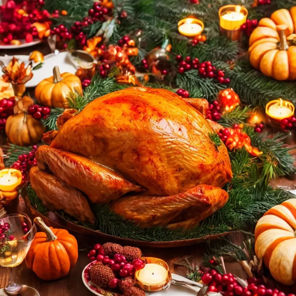 Prompt: food photography of delicious food styled for an advertisement, huge turkey Thanksgiving dinner, time freeze, specular lighting, vivid colors, 64k, long dining room table, Christmas tree background, bokeh, hyper-realistic