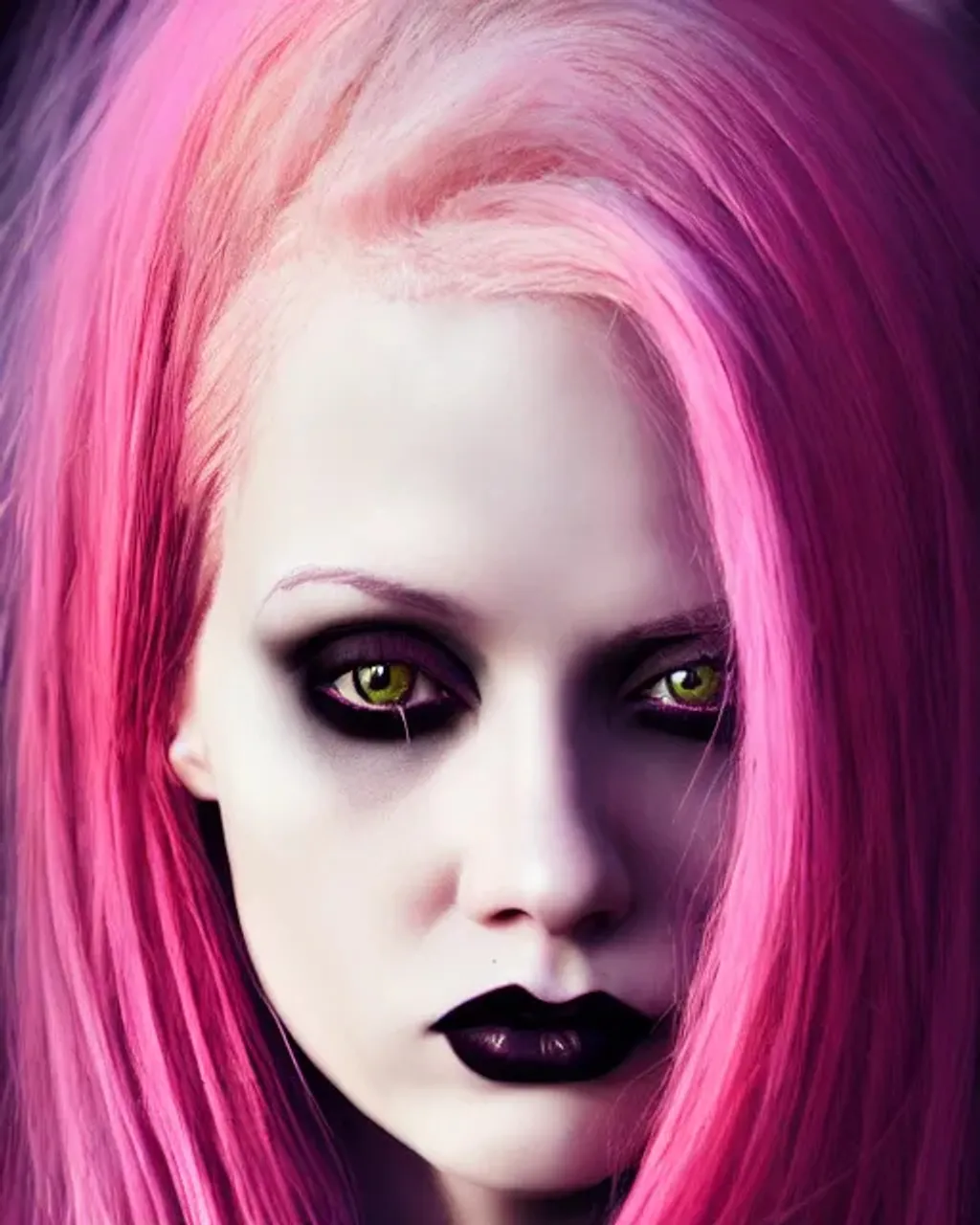 Prompt: portrait of gothic woman with pink hair, centered, scenic background, perfect composition, golden ratio, symmetrical facial features, hyperrealistic, photorealism, 85mm lens, super detailed, 32k, high quality, trending on artstation, sharp focus, studio lighting, intricate details, hyperdetailed photography by dino tomic, WLOP