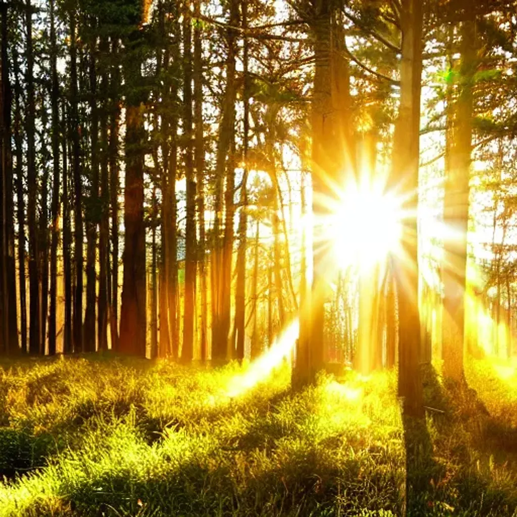 Prompt: Bright rays of sun dance through the evergreen trees
