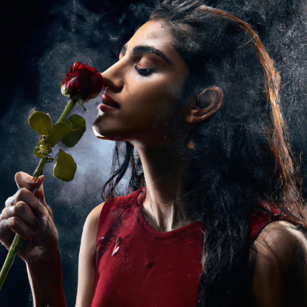 Prompt: Advertisement photoshoot. A beautiful Indian girl is posing with a beautiful red rose flower with stalk. Girl smelling the flower. Condensation formed on the flower. Photorealistic hyperrealistic close up high speed render. Beautiful smooth contrast, soft color palette, smooth curves, dark background, beautiful highly detailed droplets, reflections and refractions, dark studio backdrop, Beautiful studio lighting, Nikon Z7, ISO 400, Sigma 85mm f4.5 DG DN, aperture f/11, exposure 1/2000, studio lights, centered. 
