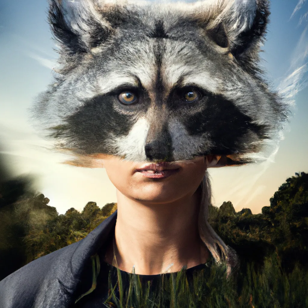 Prompt: A photo of a cute young woman's head combined with a 3D render of a hybrid raccoon head. Epic film poster style.