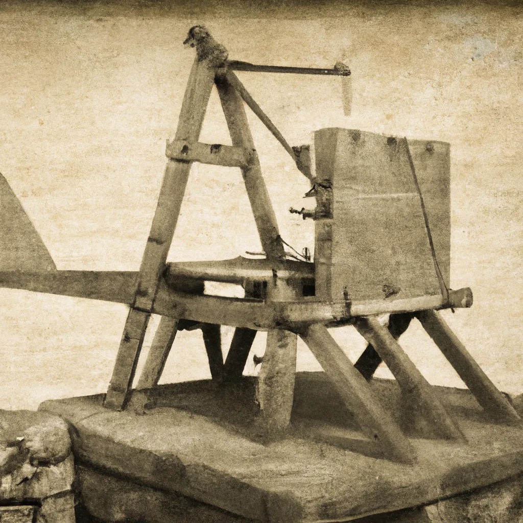 Prompt: medieval photograph of a catapult launching computers, vintage photo