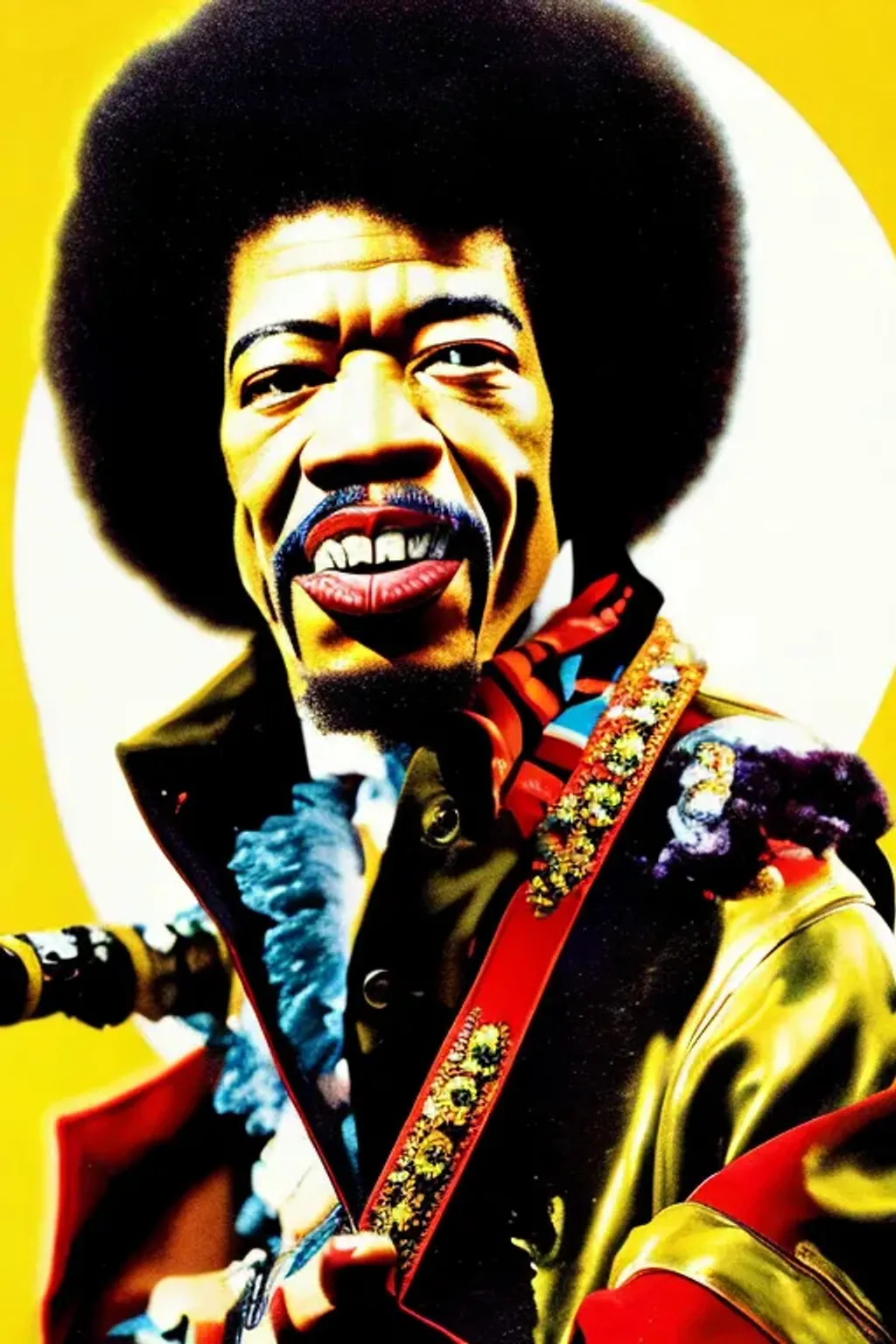 Prompt: a caricature of jimi hendrix by Randy Post platon with a cigarette in its mouth playing guitar🎨🖌️wikipedia, head big cheekbones cartoonist big head.