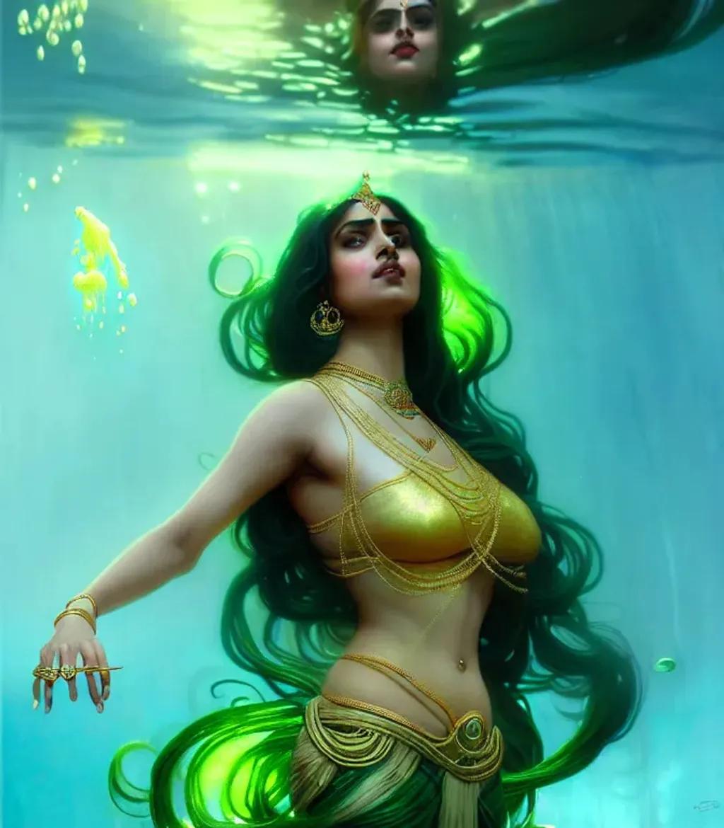 Prompt: cute indian goddess merimaid wearing golden silk blouse underwater diving with green algae skin and black hair. complex, scifi, fantasy, intricate,  digital painting, artstation, smooth, sharp focus, illustration, art by artgerm and greg rutkowski and alphonse mucha