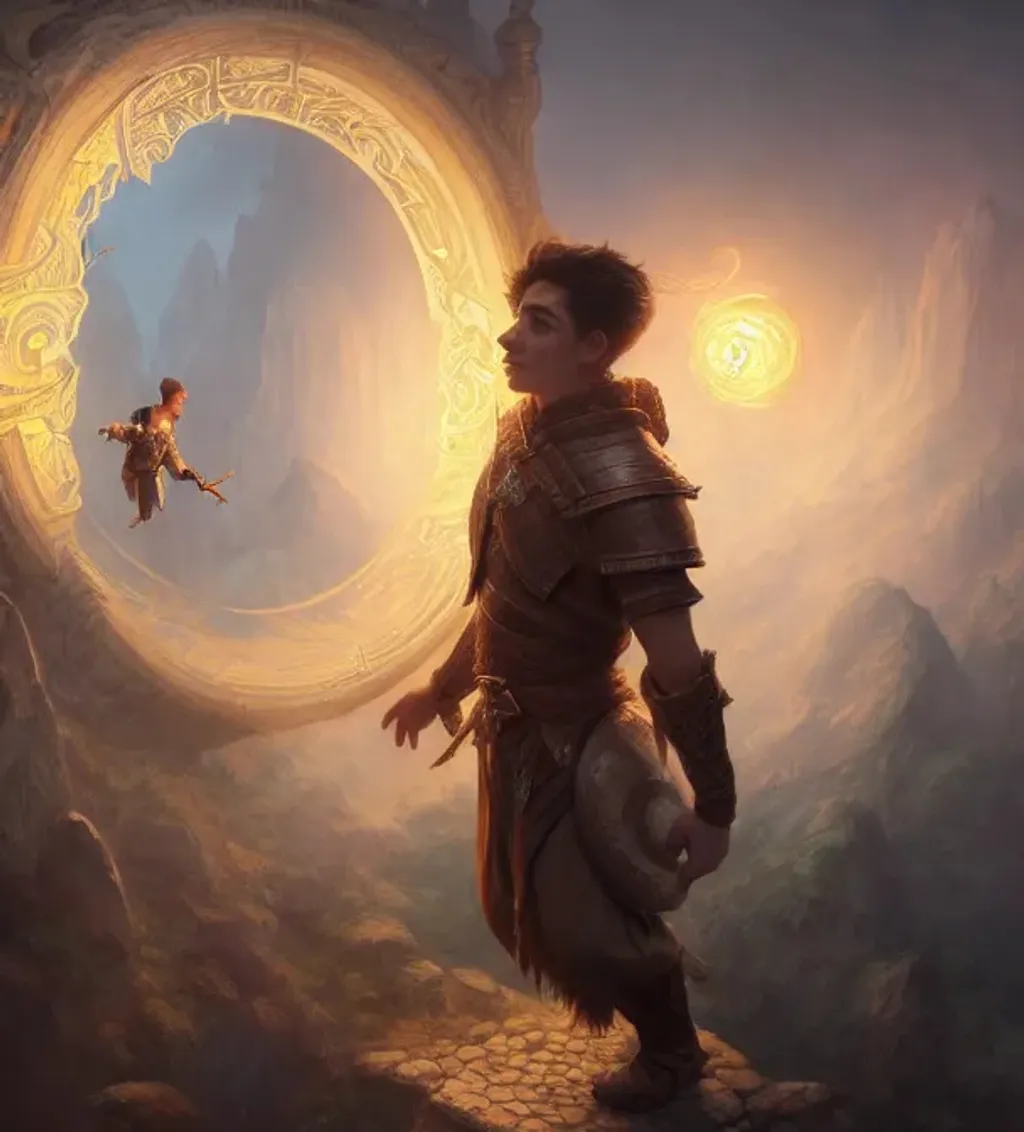 Prompt: Portrait of an attractive and excited halfling man creating a fantasy portal in the to an unknown realm, fantasy, intricate, elegant, highly detailed, digital painting, trending on artstation, concept art, smooth, sharp focus, illustration art by Stanley Lau and greg rutkowski, unreal engine, 4k, 8k