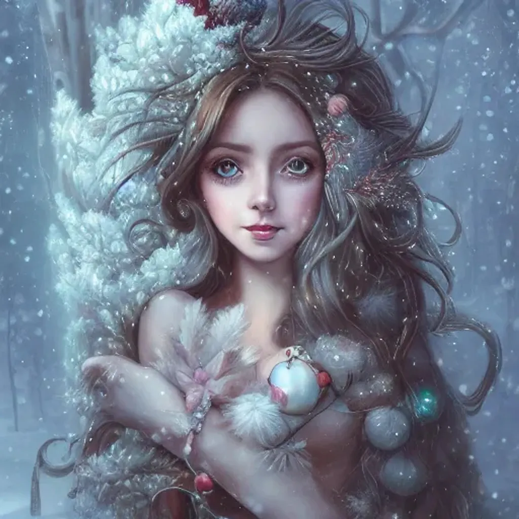 Prompt: hyper detailed full length winter time, beautiful christmas fairy, hyperrealistic detailed, realistic beautiful big eyes, muted colors, snowy christmas trees in background in the style of sheena pike , anna liwanag , anna dittmann, charlie bowater color book style, style of HR Giger