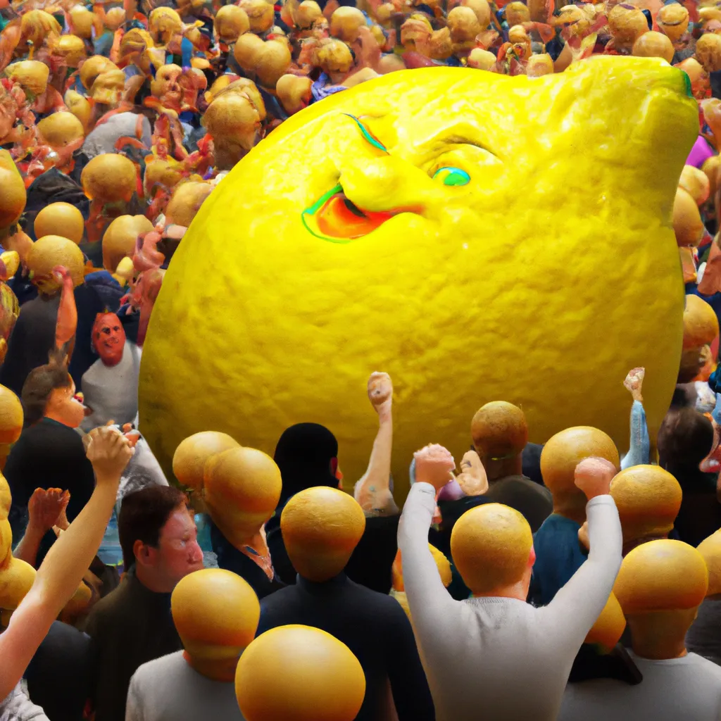 Prompt: 3-D, Photo-Realistic, Laughing Giant Lemon surround by huge crowd of cheering, dancing, lemon admirers
