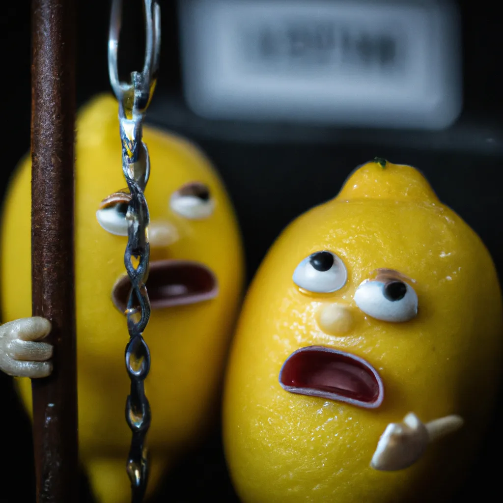 Prompt: A Photo of a Anthropomorphic Lemon In a Police Cell Arrested by other Anthropomorphic Lemon, photorealistic, dark, moody, Humanoid Lemon, arrested, Lemon Police, hand cuffed