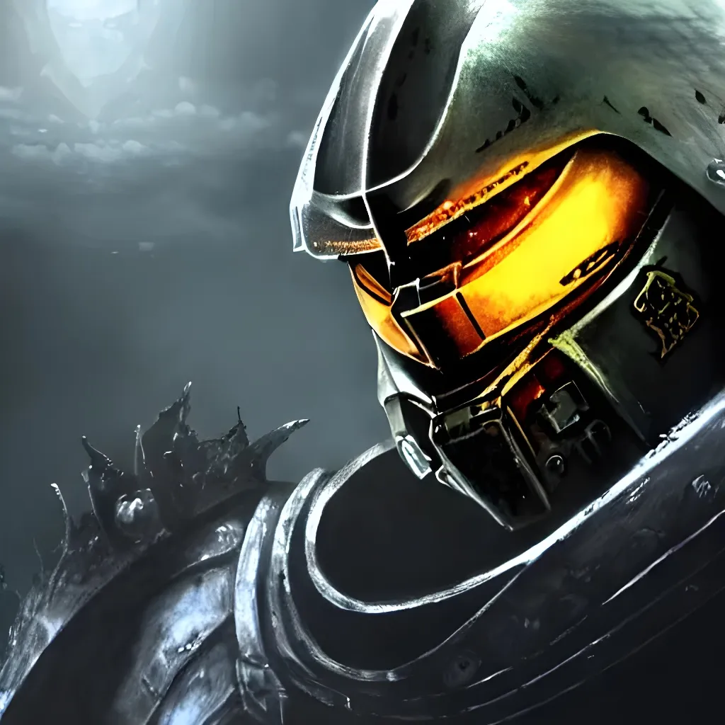 Prompt: Master chief as a crusader,final fantasy, scifi, dark souls,gothic,bloodborne,Halo,painting,HD quality