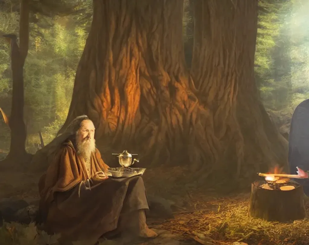 A wise wizard sitting in a mystical forest next to a