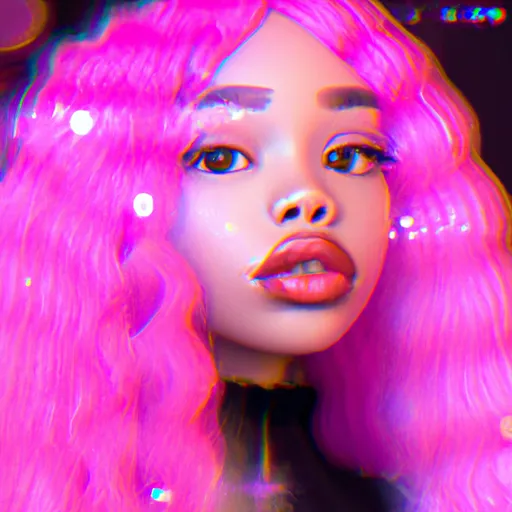 Prompt: absolutely beautiful black woman with long flowing pink hair, cyber aesthetic, IMVU, beautiful eyes, gorgeous makeup, pink eye color, pink lips, caramel colored shiny skin, portrait, sharp focus, blurred background, candid photograph, glamor shot, glitchcore vaporwave synthwave artstation