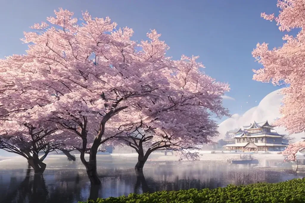 Prompt: Sakura Castle on an island in winter. Beautiful epic Victorian architecture, Sakura Tree and Flowers, Winter and Snow, Sunbeam. Deep rich colours. By Pablo Carpio, Greg Rutkowski, Yeonhee Kim, Martin Deschambault. matte painting, hyperrealistic, unreal engine 5, volumetric lighting, ray-tracing reflections, Trending On Artstation, beautiful nature photography, radiant, dramatic colours, oil painting, cinematic, HDR, octane render, masterpiece 4k