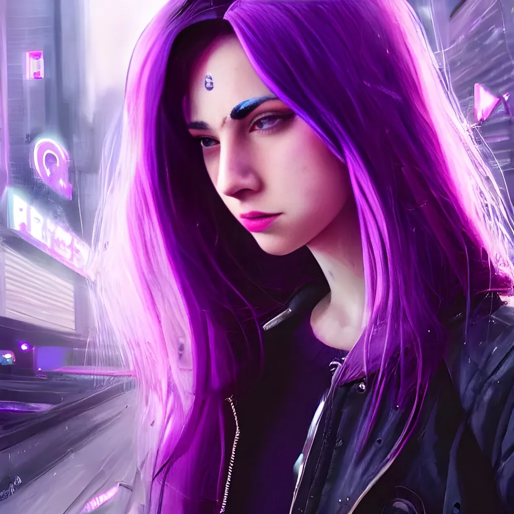 Prompt: Portrait of {girl} with {purple} hair and with cute face, {Cyberpunk City Vibe}, perfect composition, hyperrealistic, super detailed, 8k, high quality, trending art, trending on artstation, sharp focus, studio photo, intricate details, highly detailed, by greg rutkowski