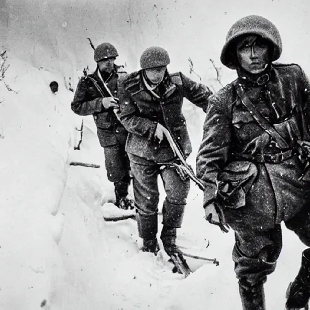 Prompt: Young soviet solider stepping out of trench with shocked comrades in trench look. During blizzard 8k drawn