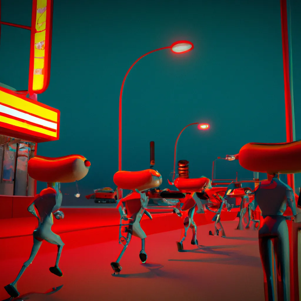 Prompt: An army of 🌭 is chasing 👯‍♀️, the humans are 🏃, 3D Maya Cinema4D UE4 UE5, dramatic crimson lighting, chromatic aberation, dutch camera angle, 50s diner exterior background