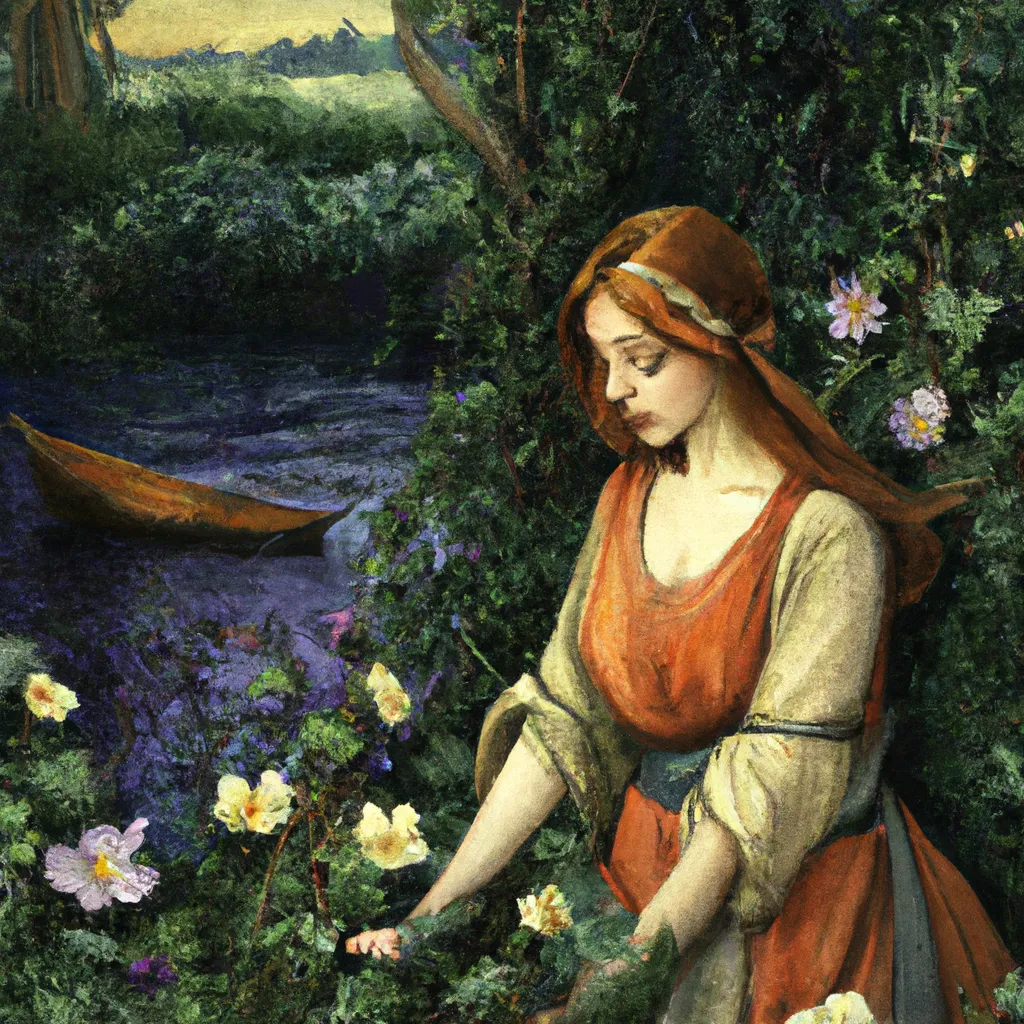 Prompt: "The Lady of Shalott" by John William Waterhouse, in the style of a field flora book