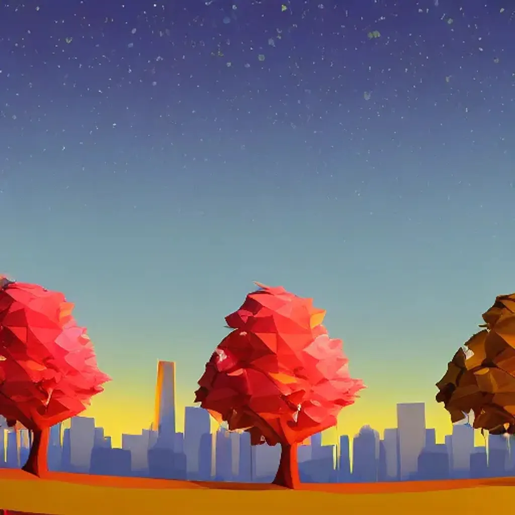 Prompt: three low poly cherry blossom trees on a hill in autumn at night, with city skyline in the background