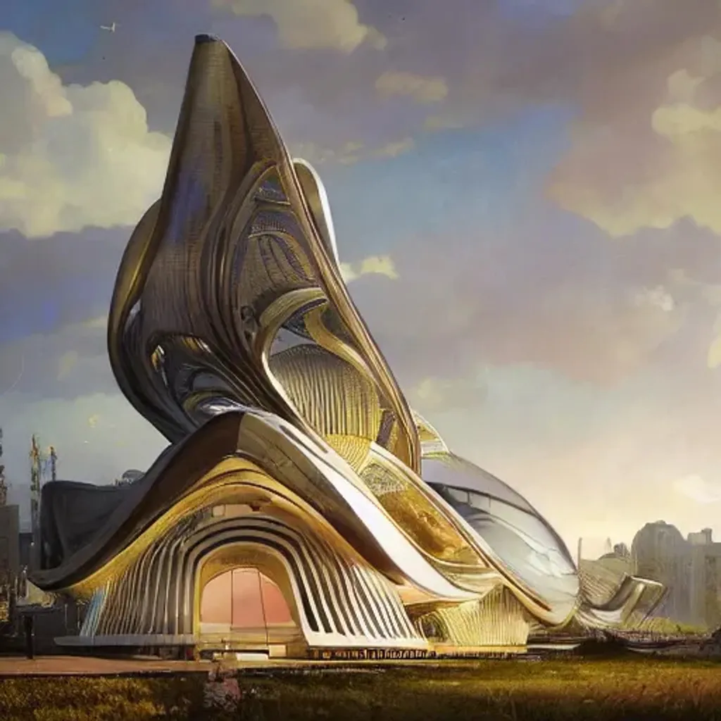 Prompt: exterior shot of utopian architecture building with cinematic lighting by zaha hadid and renzo piano, darek zabrocki and greg ruthkowski, alphonse mucha, simon stalenhag, cinematic, beautiful, holy place, paradise, scifi, futurism, atmospheric, sunset, award winning, concept art, artstation, trending on artstation