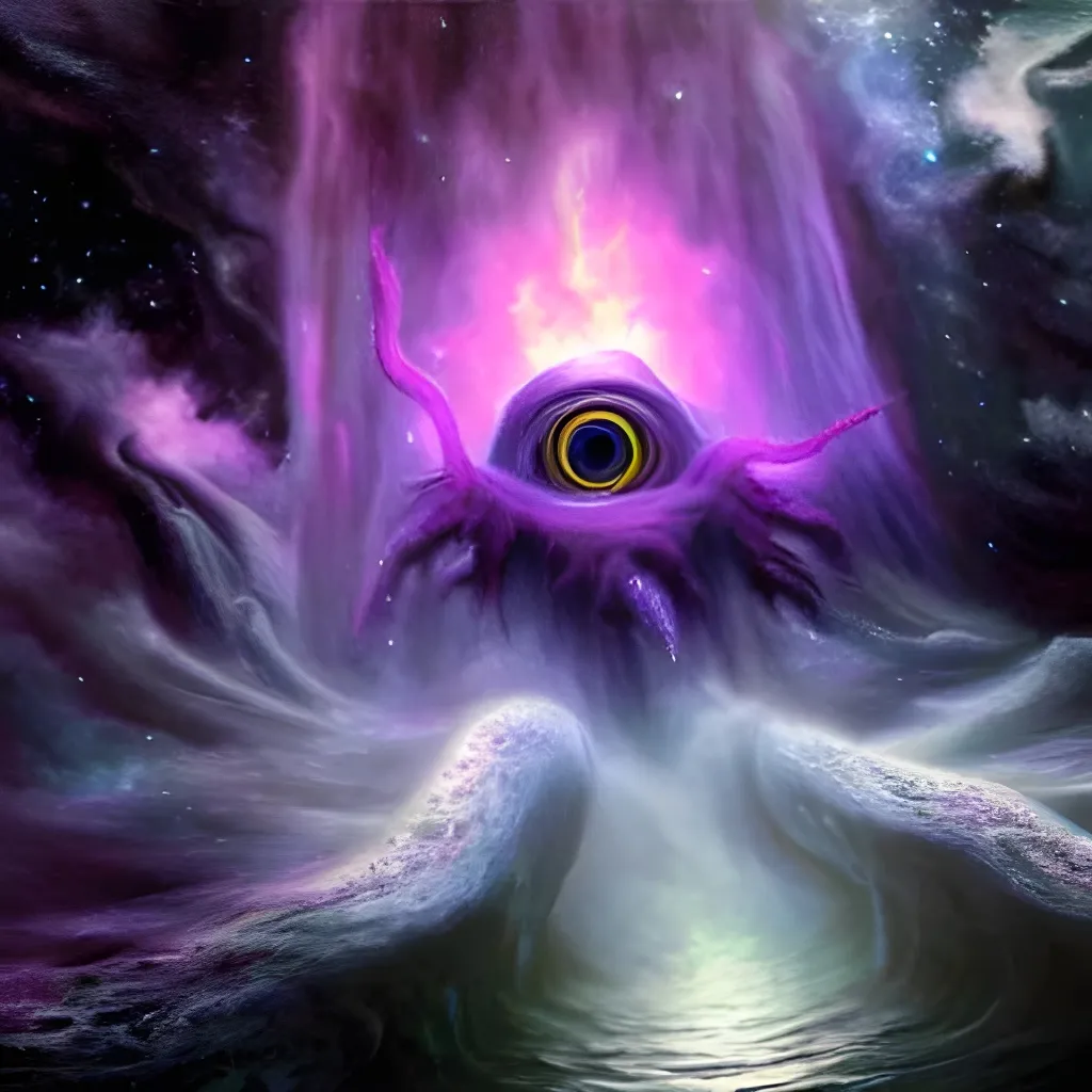 Prompt: hd 4k hyperrealistic eldritch demon monster rising out of a waterfall of stars, nebula eyes and misty clouds, warping space into the astral plane