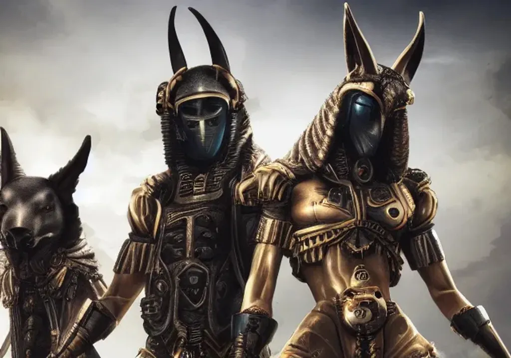 Prompt: running Anubis invasion army. dystopic science fiction.  8k hdr steampunk cyberpunk