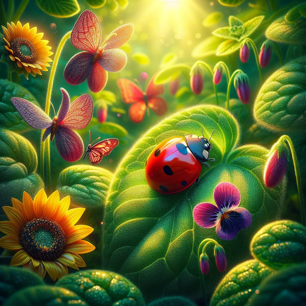 Prompt: a small red ladybug with no black dots in a garden with vibrant green green foliage and bright sunflower and purple violet and one metallic pink and blue butterfly