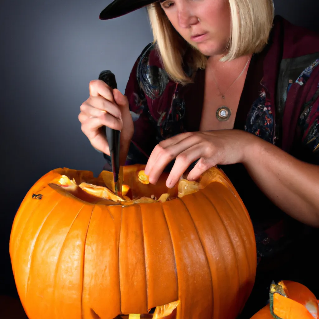 Prompt: A photo of a witch carving a pumpkin