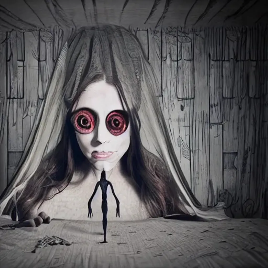 Prompt: Creepy woman loab with big eyes in kindergarten bedroom, horror, Hight detailed, film style