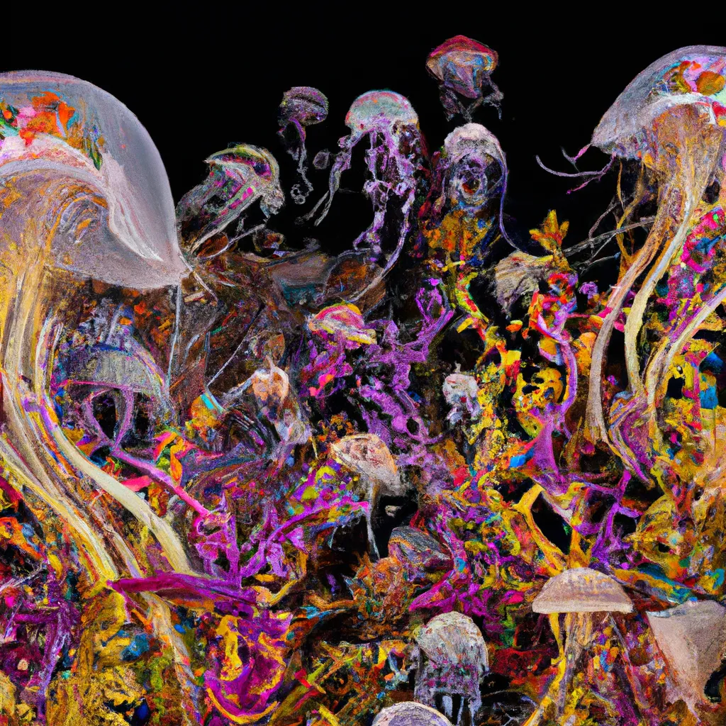 Prompt: Garden of Earthly Delights | Curvaceous Light beings jellyfish as light bending cute angels covered in halogenic decadent nuclear  flowers in the style of Hieronymous Bosch, Bruce Pennington, Dali, Munch, Escher, Klarwein, Yamamoto, Hattori, Leyendecker, Mullins, Magritte, Giger| bioluminescent opalescent iridescent mermaid  | dark background | ultra sharp focus | 3d octane render artstation trending 8k unreal engine | Avatar movie| Disney Pixar Dreamworks 