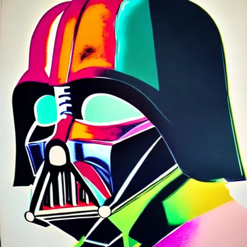 Prompt: darth vader, pop art, painted by andy warhol, colorful